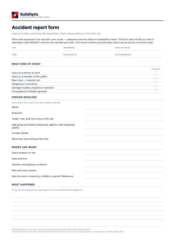 First page of the Accident report form PDF