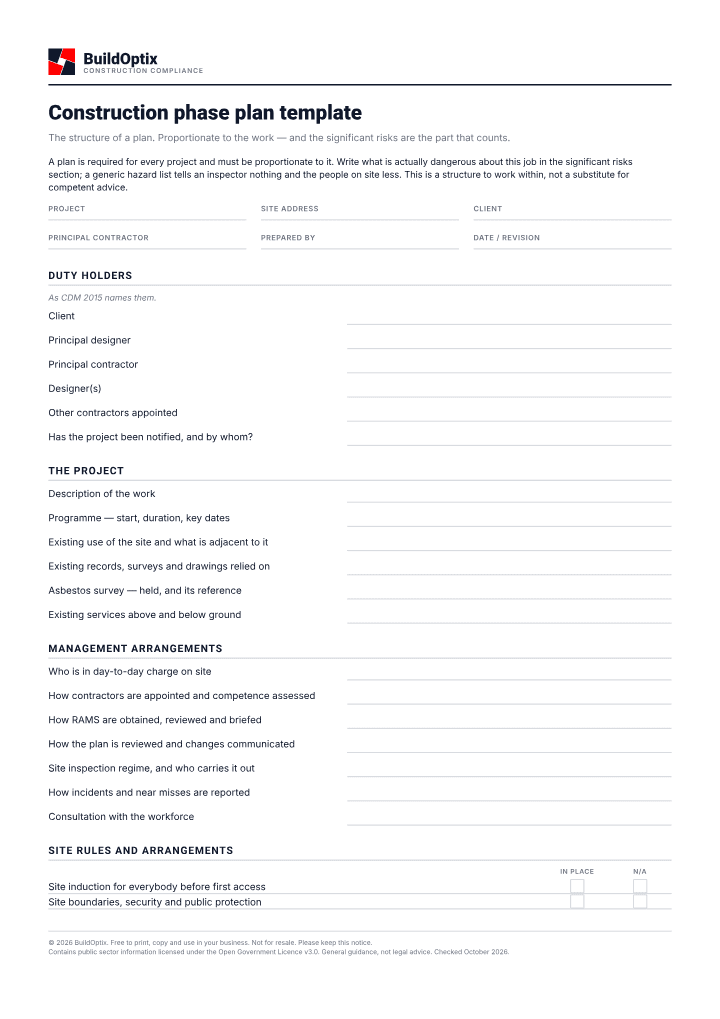 First page of the Construction phase plan template PDF