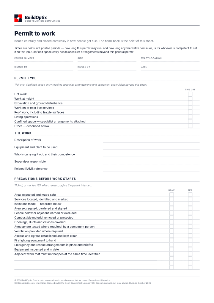 First page of the Permit to work PDF