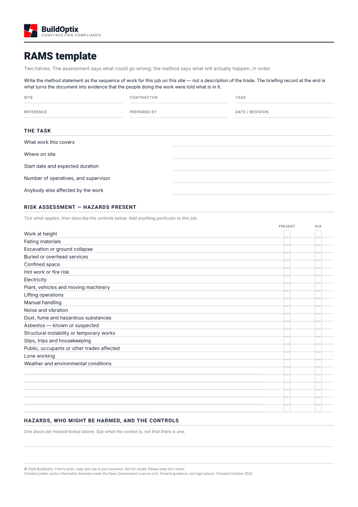 First page of the RAMS template PDF