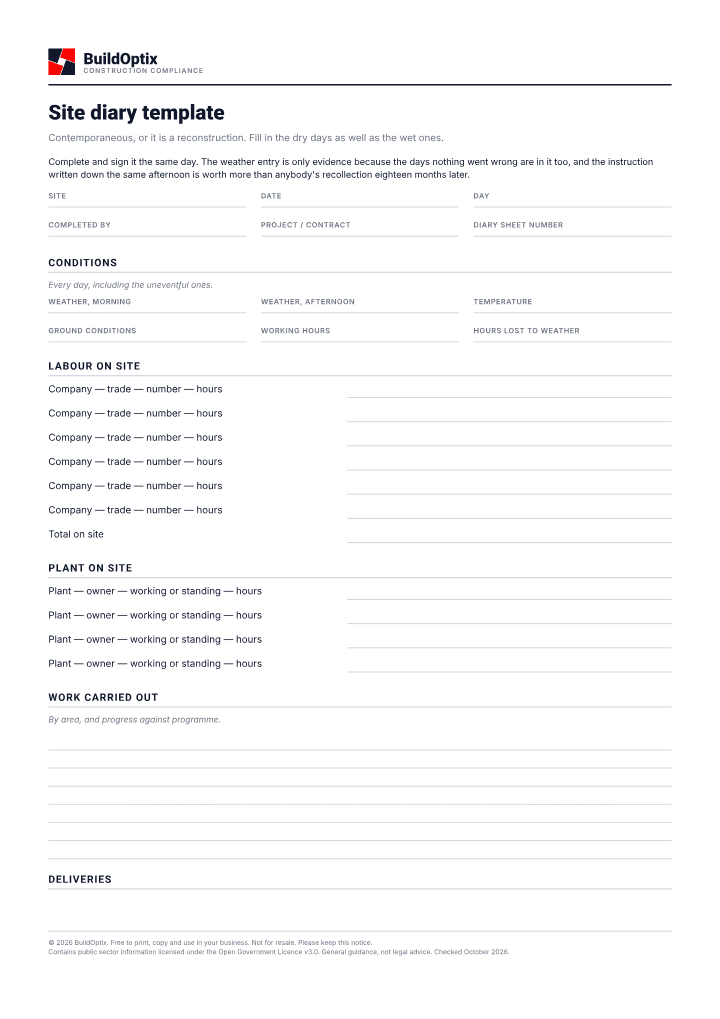 First page of the Site diary template PDF