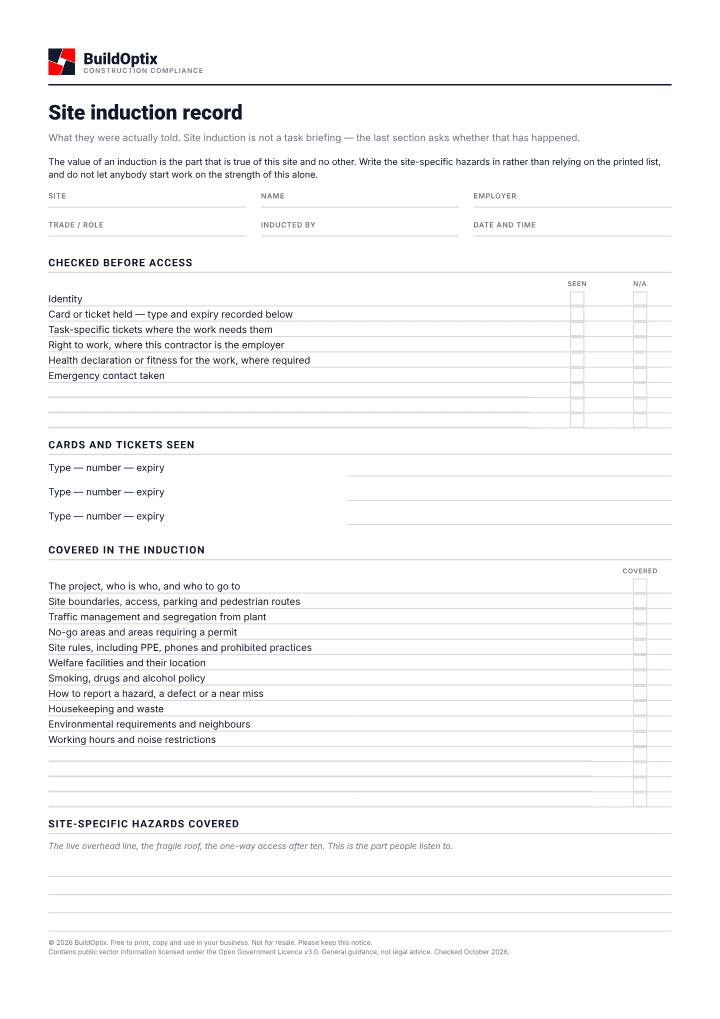 First page of the Site induction record PDF