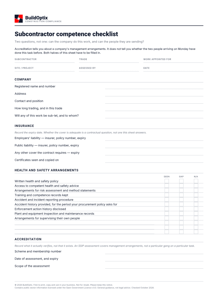 First page of the Subcontractor competence checklist PDF